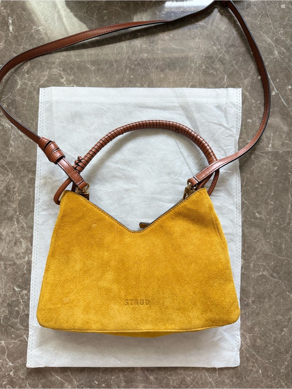 STAUD yellow suede shoulder bag with brown leather strap